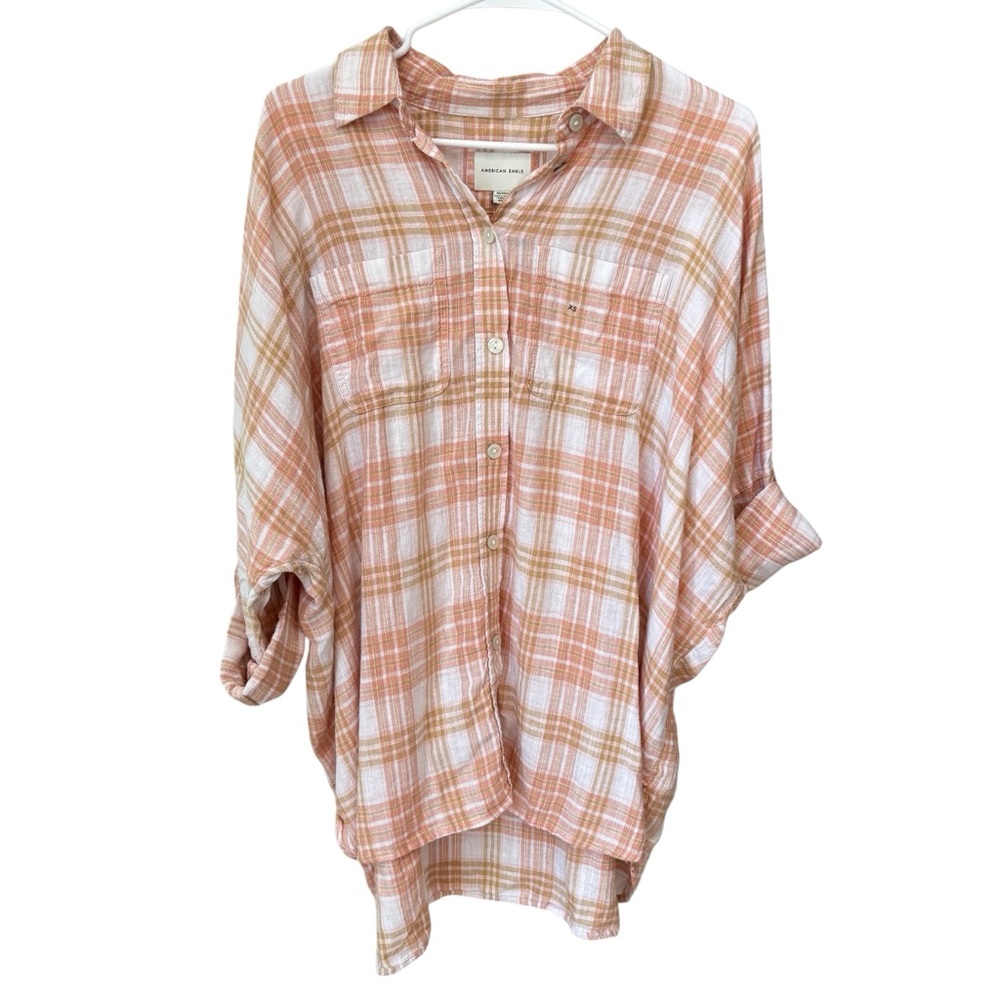 American Eagle Plaid Top Women’s XS Linen Blend Oversized NWT
